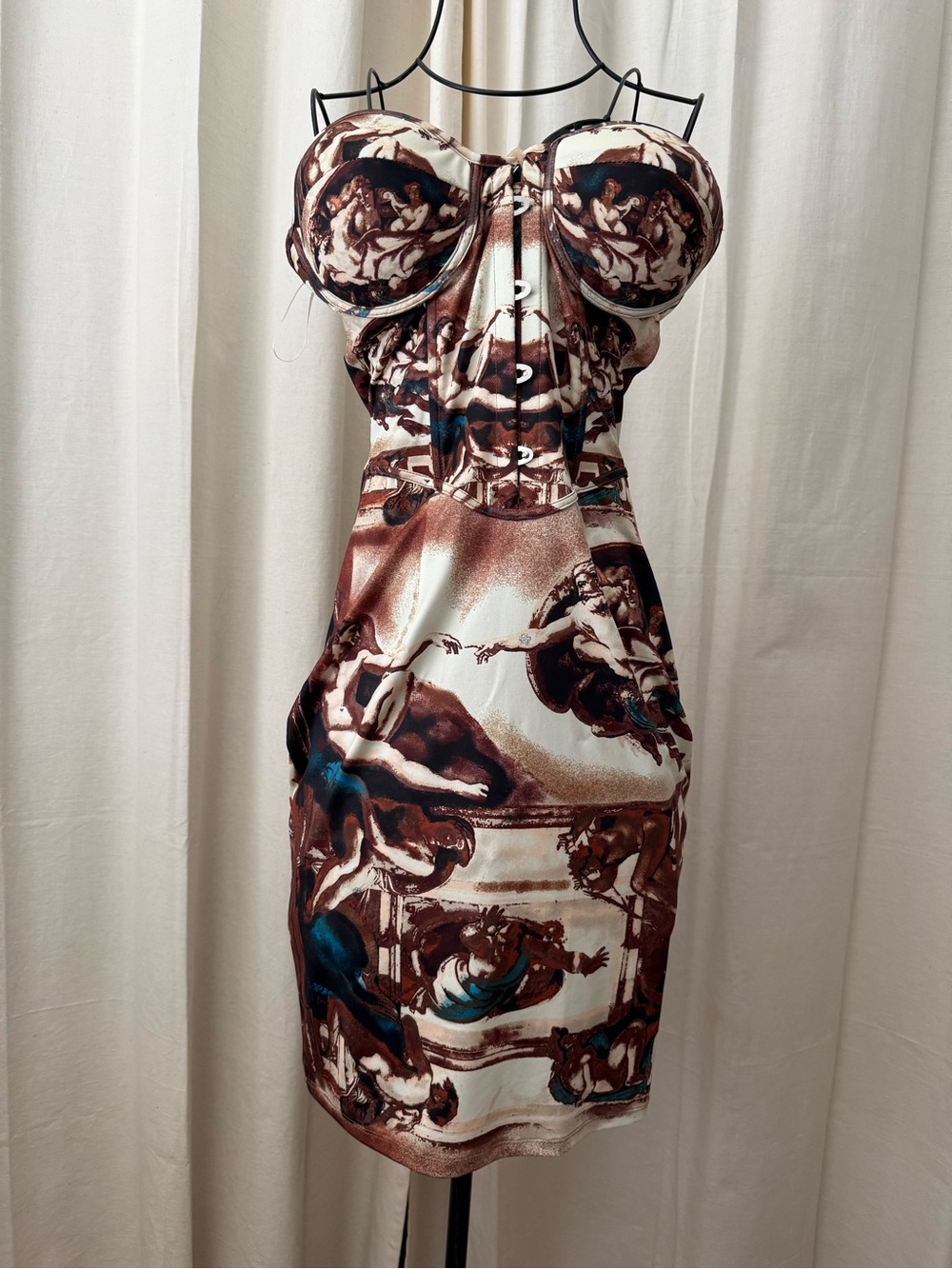 Fashion Nova Strapless Bodycon Dress in Brown, Cream and Blue